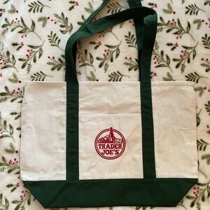 Trader Joe's Green Handle Large Canvas Tote Bag